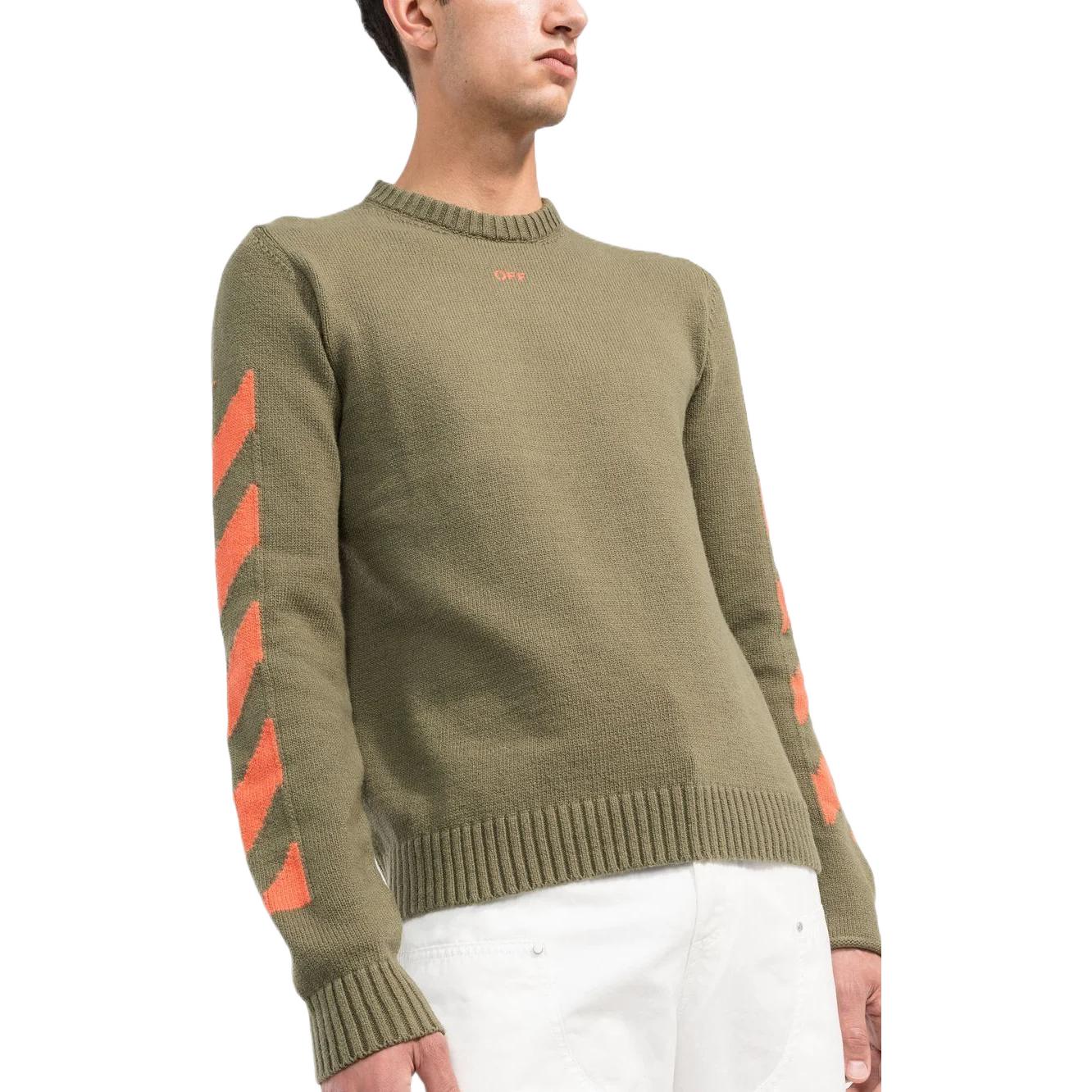 Men's Off-White Logo Pattern Round Neck Pullover Slim Fit Version Green OMHE023F22KNI0015620