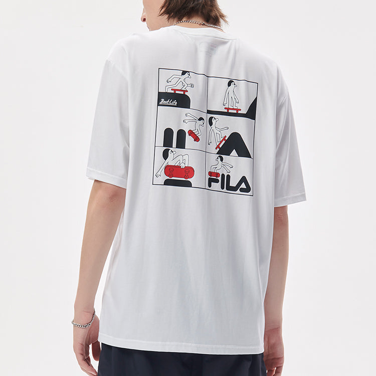 FILA FUSION x Jeremyville Crossover Skateboard Sports Printing Loose Short Sleeve Couple Style White T11U139103F-WT