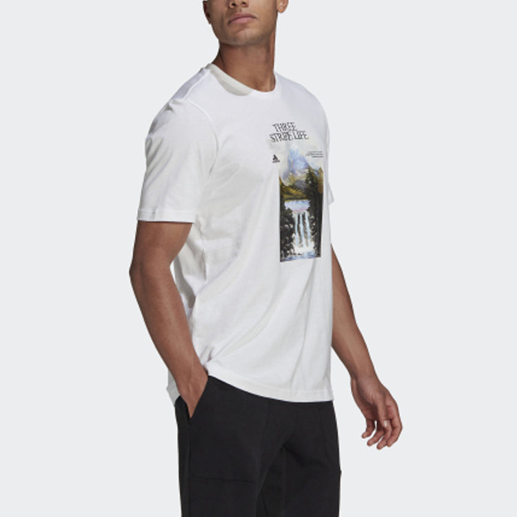 Men's adidas Snow Mountain Printing Sports Round Neck Short Sleeve White T-Shirt GN6851