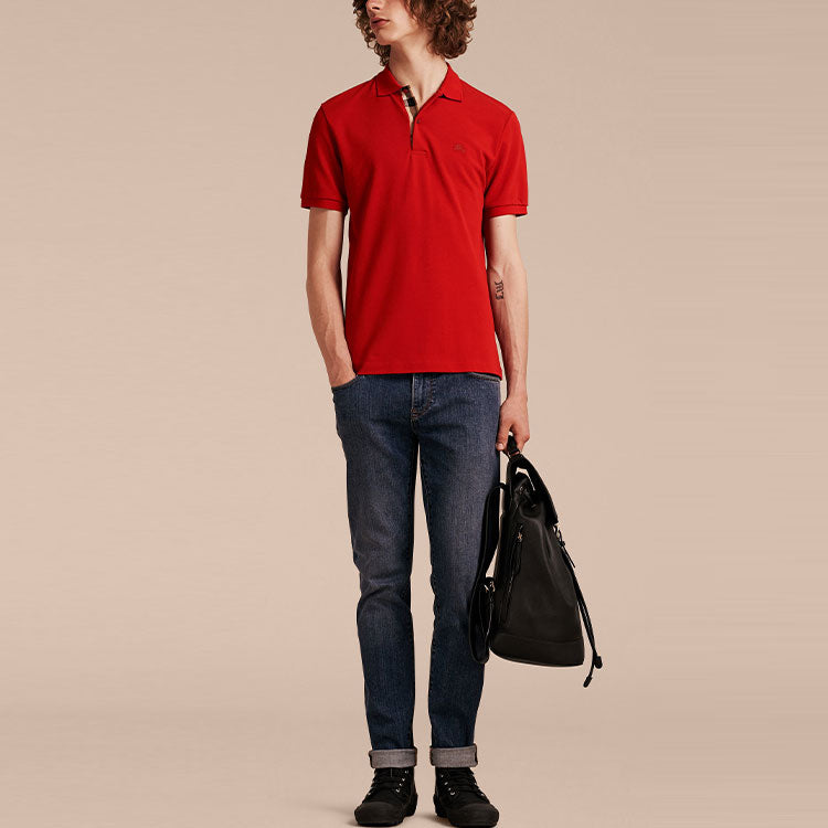 Men's Burberry Logo Embroidered Pure Cotton Short Sleeve Polo Shirt Red 39560001