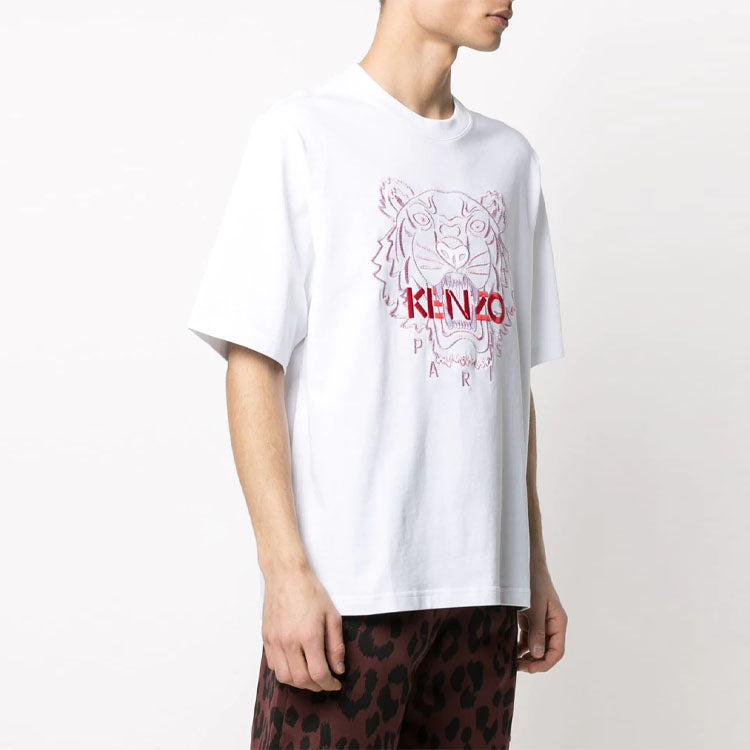 Men's KENZO China Series Alphabet Embroidered Pattern Round Neck Short Sleeve White FB55TS0654SD-01