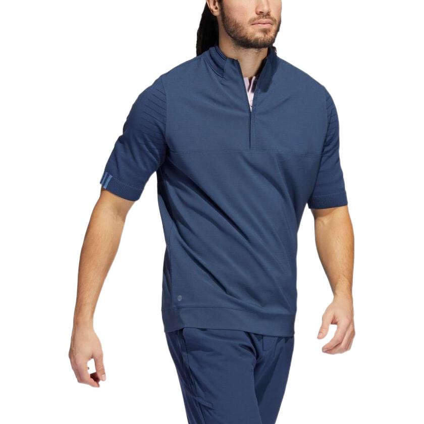 Men's adidas Solid Color Stand Collar Pullover Short Sleeve Blue T-Shirt HE2889