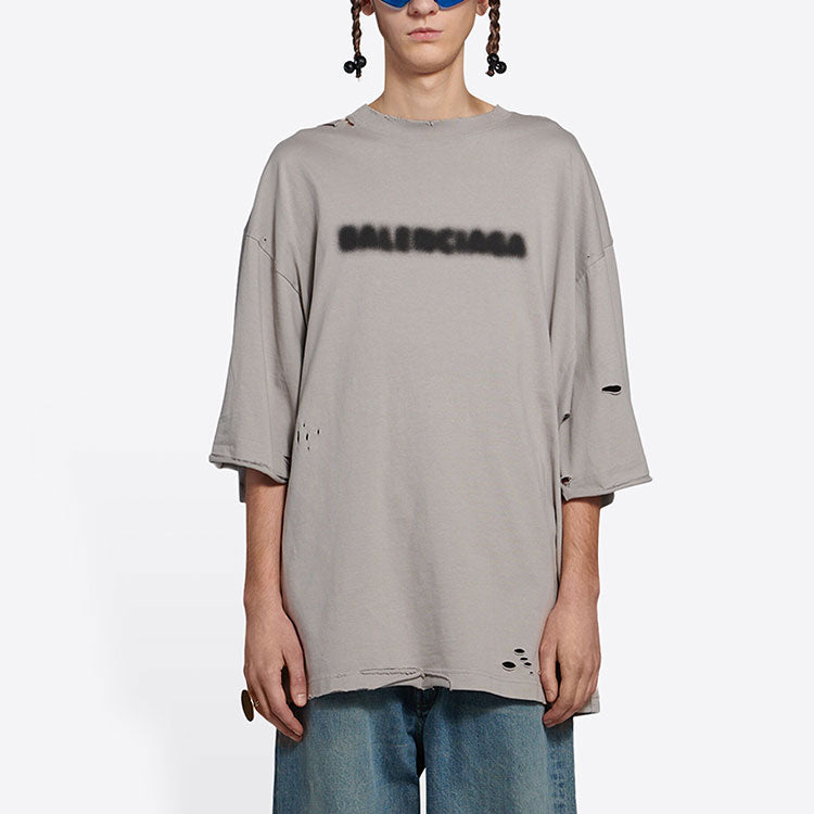 Balenciaga Solid Color Alphabet Printing Hole Round Neck Short Sleeve Unisex Gray 661715TKVD58174
