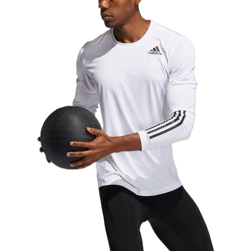 Men's adidas Solid Color Logo Printing Stripe Round Neck Long Sleeves Japanese Version White T-Shirt GM0499