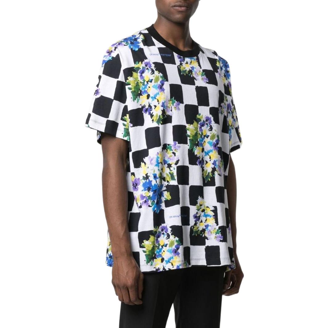 Men's Off-White SS22 Plaid Flowers Printing Round Neck Short Sleeve Loose Fit Black T-Shirt OMAA038S21JER01784008400