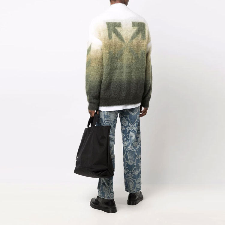 Men's Off-White FW21 Arrow Pattern Zipper Cardigan Wool Sweater Loose Fit Green OMHF032F21KNI0015555