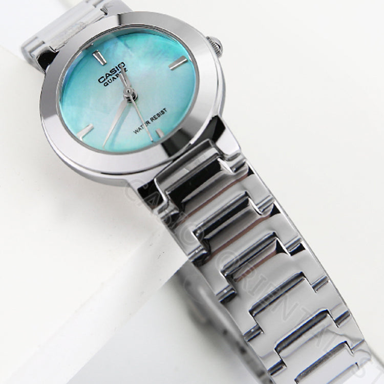 CASIO Waterproof Quartz Simulate Gradient Green Dial 25mm Stainless Steel Strap Watch Silver Analog LTP-1191A-3CDF