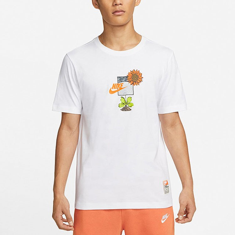 Men's Nike Logo Plant Pattern Cartoon Printing Round Neck Casual Short Sleeve White T-Shirt DQ1034-100