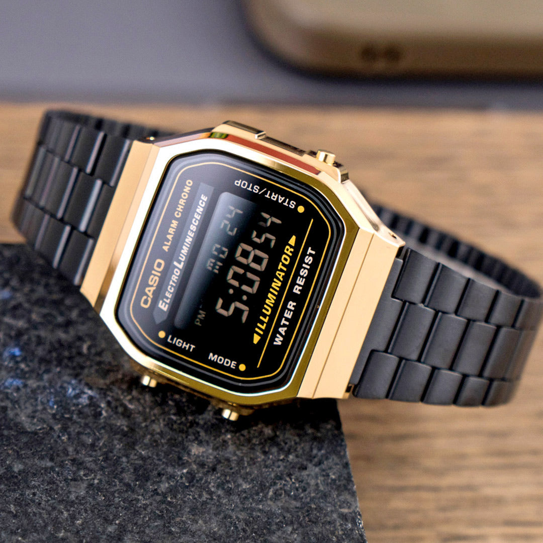 CASIO Standard Vintage Black/Golden Waterproof Mens BlackGold Digital A168WEGB-1B