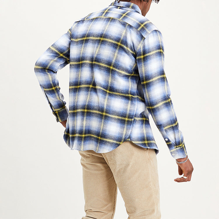 Men's Levis Series Colorblock Plaid Long Sleeves Shirt Blue White Plaid 19573-0121