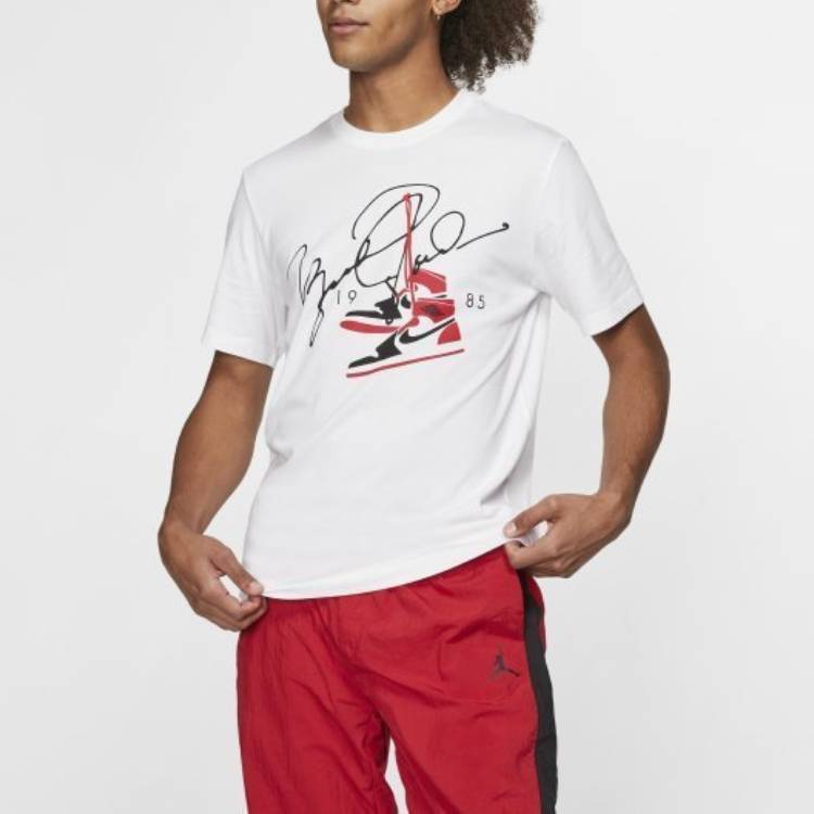 Men's Jordan AJ85 Signature Printing Short Sleeve White T-Shirt BQ5539-100