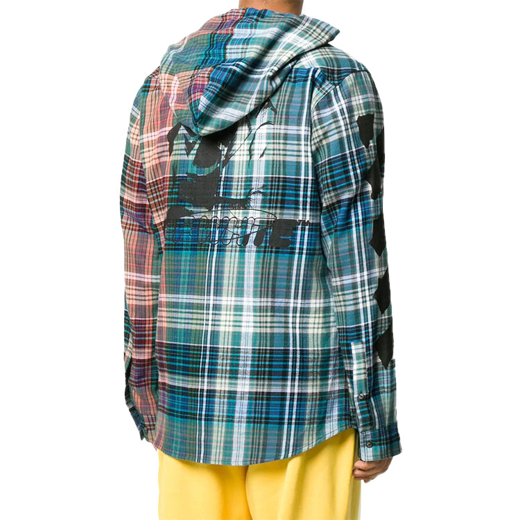 Off-White Plaid Printing Asymmetric hooded Shirt Blue OMGA125E20FAB0014510