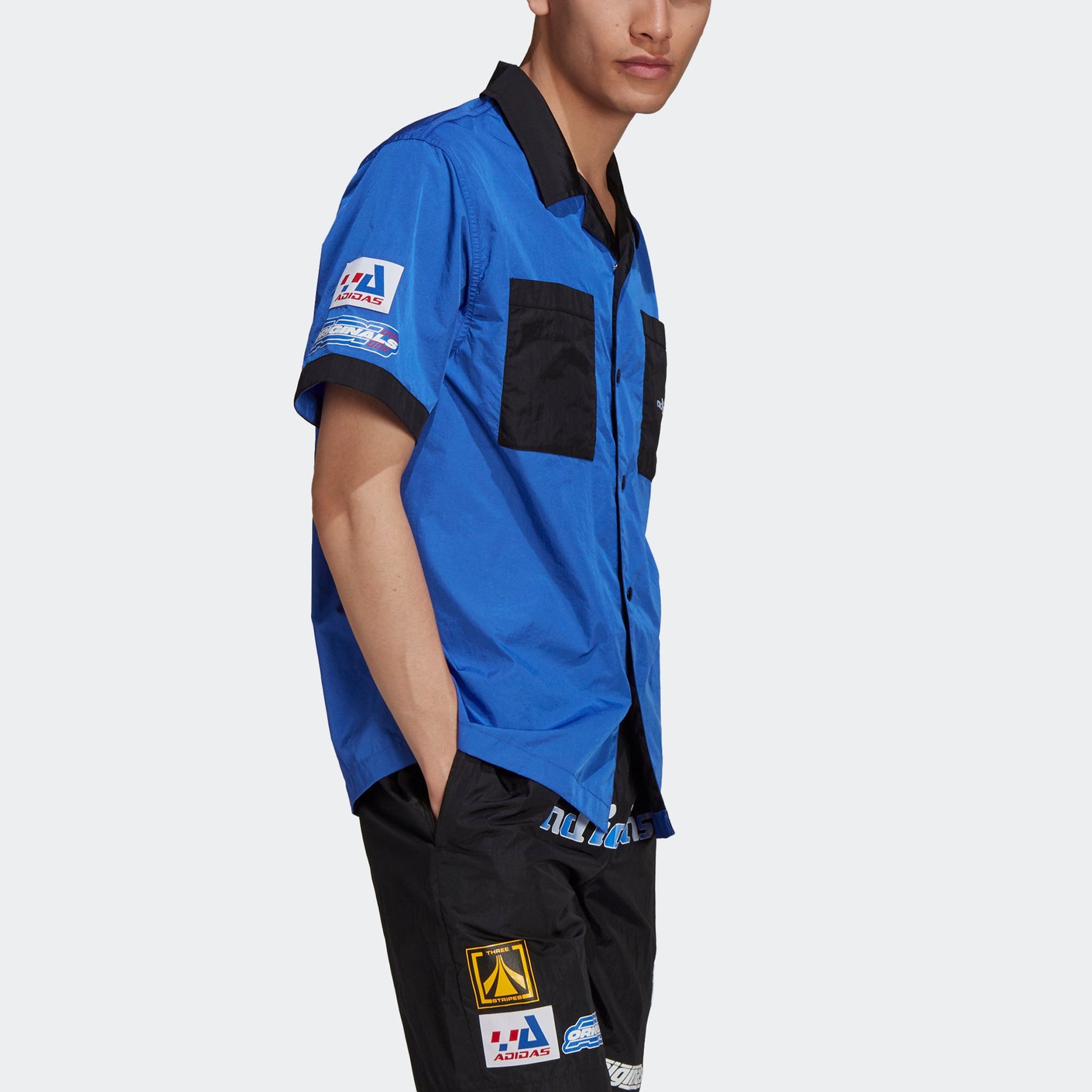 adidas originals MENS TGP SS Logo Printed Motorcycle Short Sleeve Shirt Blue HA4744