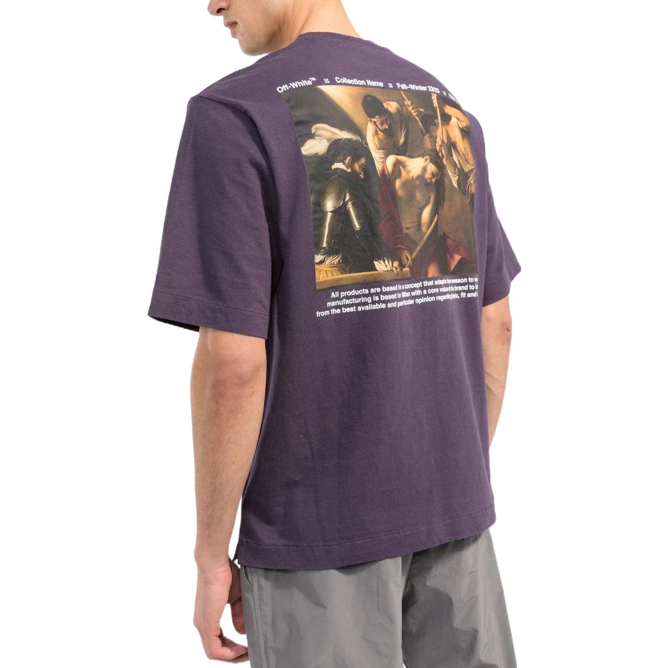 Men's Off-White Chest Logo Back Carravagio Printing Round Neck Short Sleeve Purple T-Shirt OMAA119F22JER0013501