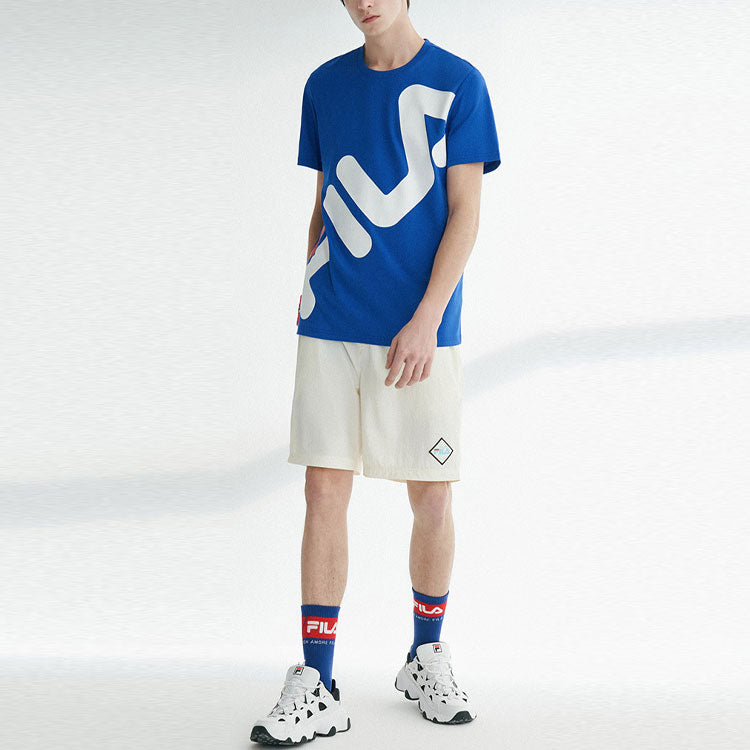 Men's FILA FUSION Contrasting Colors Large Logo Printing Loose Short Sleeve Blue T-Shirt T11M022118A-BU