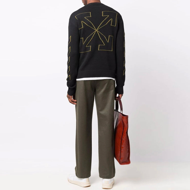 Men's Off-White FW21 Intarsia Pattern Long Sleeves Pullover Wool Sweater Black OMHE087F21KNI0011055