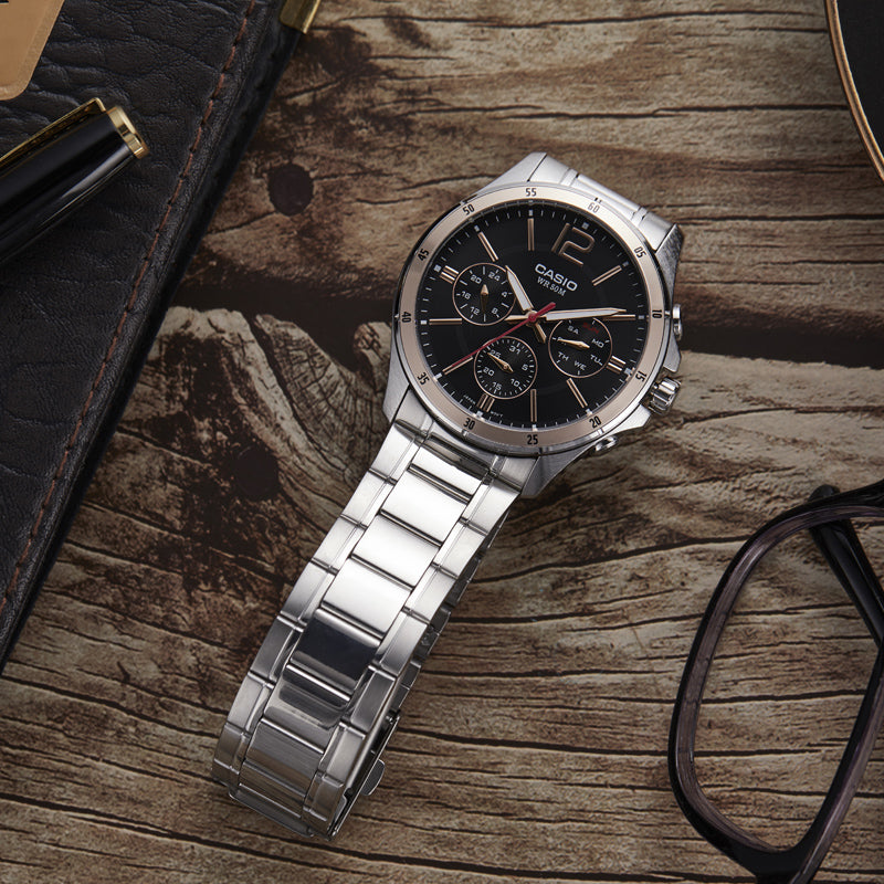CASIO Quartz Waterproof Stainless Steel Strap Mens SilverBlack Analog MTP-1374D-1A2