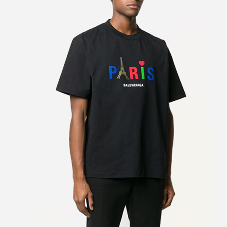 Men's Balenciaga Paris Love Regular T-Shirt Printing Short Sleeve Black 594579TGV431000
