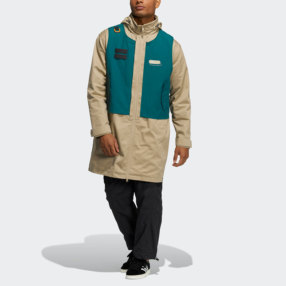 Men's adidas originals Mr Parka Detachable Contrasting Colors Vest Mid-Length Hooded logo Jacket Khaki HC0372