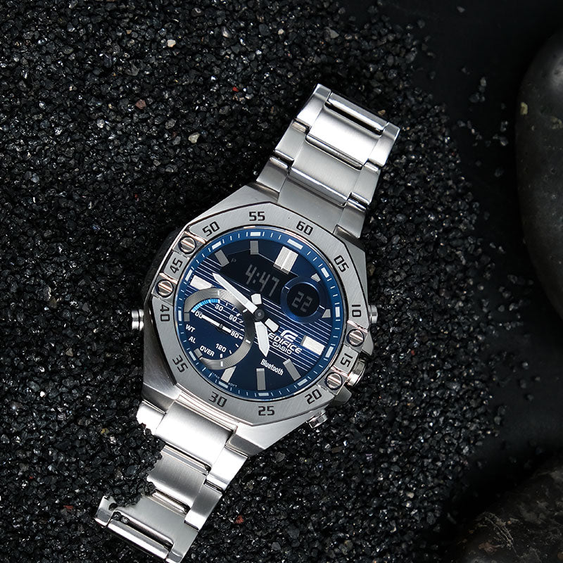 CASIO tooth Waterproof EDIFICE Sports Sapphire Crystal Quartz Solar Powered Mens Blue Analog/Digital Combo ECB-10YD-2APR