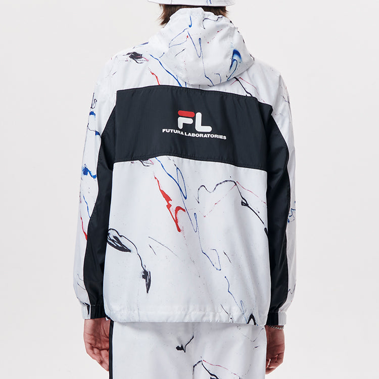 Men's FILA FUSION x FUTURA Crossover Splash Ink Full Print Woven Sports Hooded Jacket White T11M138704F-WT