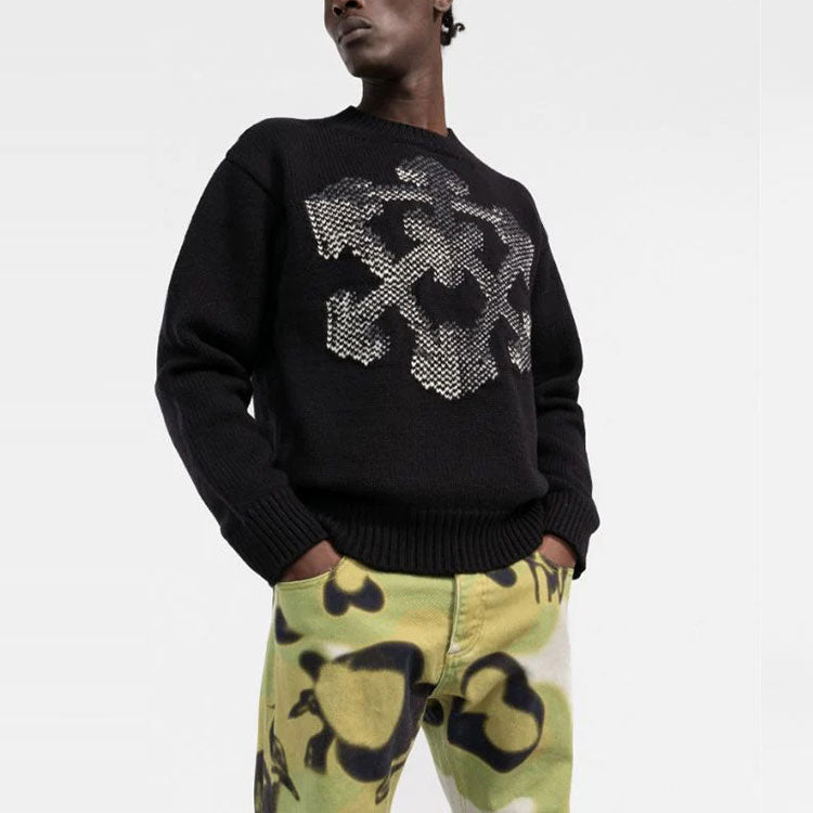 Men's Off-White FW21 3D Arrow Pattern Knit Pullover Wool Sweater Loose Fit Black OMHE085F21KNI0021009