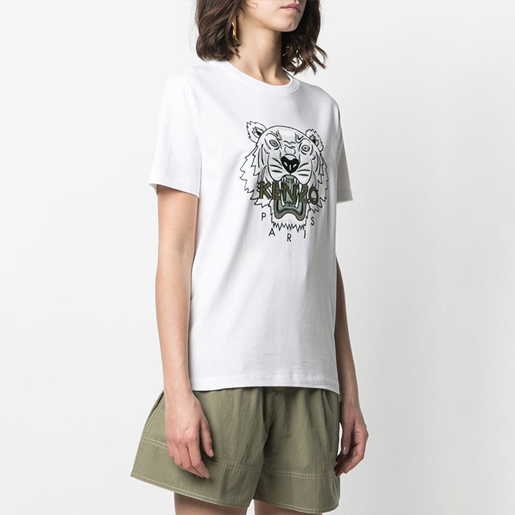 KENZO SS21 Tiger Head Embroidered Pattern Short Sleeve White FB52TS9124YE-01B