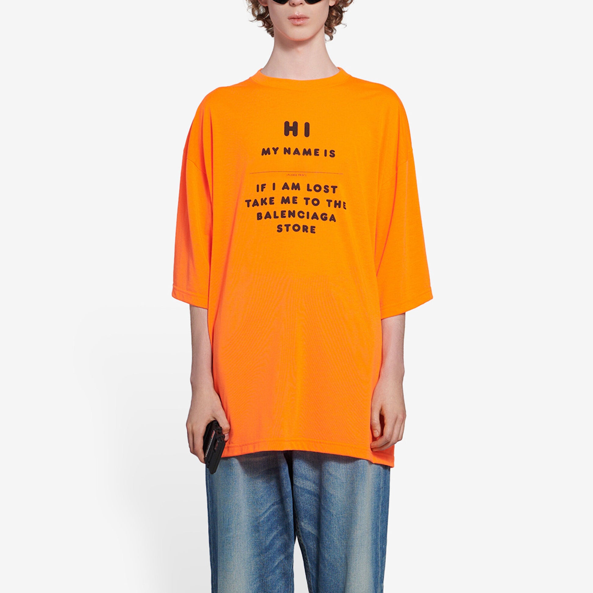Men's Balenciaga FW21 HI MY NAME IS WIDE FIT Alphabet Printing Retro Knit Short Sleeve Orange 661715TKVH57513