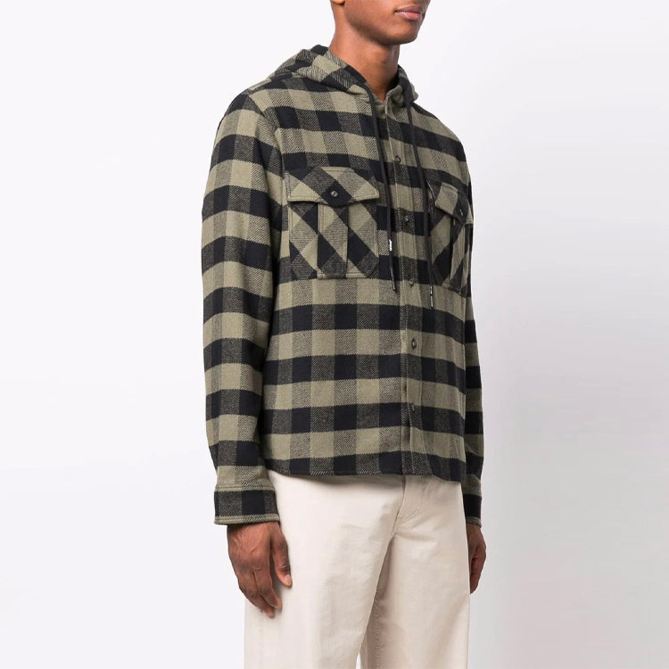 Off-White FW21 Arrow Pattern Logo Printing Plaid hooded Long Sleeves Shirt Version Green OMGA125F21FAB0011001