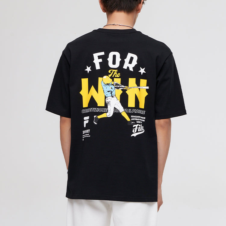 Men's FILA FUSION Cartoon Logo Printing Knit Sports Round Neck Short Sleeve Black T11M122103F-BK