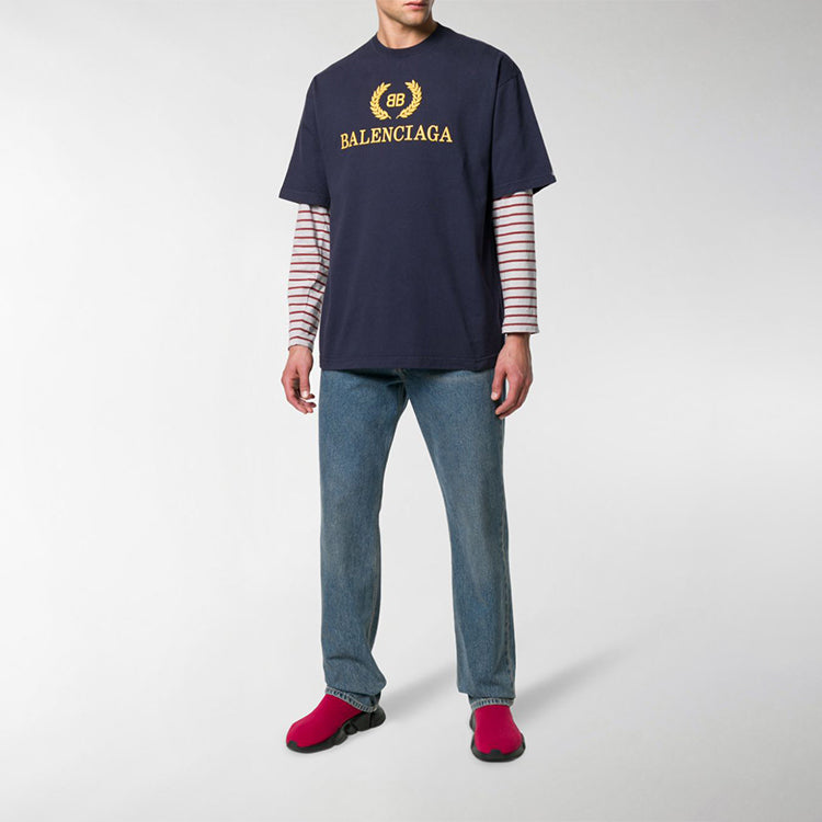 Men's Balenciaga Logo Round Neck Short Sleeve Navy Blue 535622TAV044128