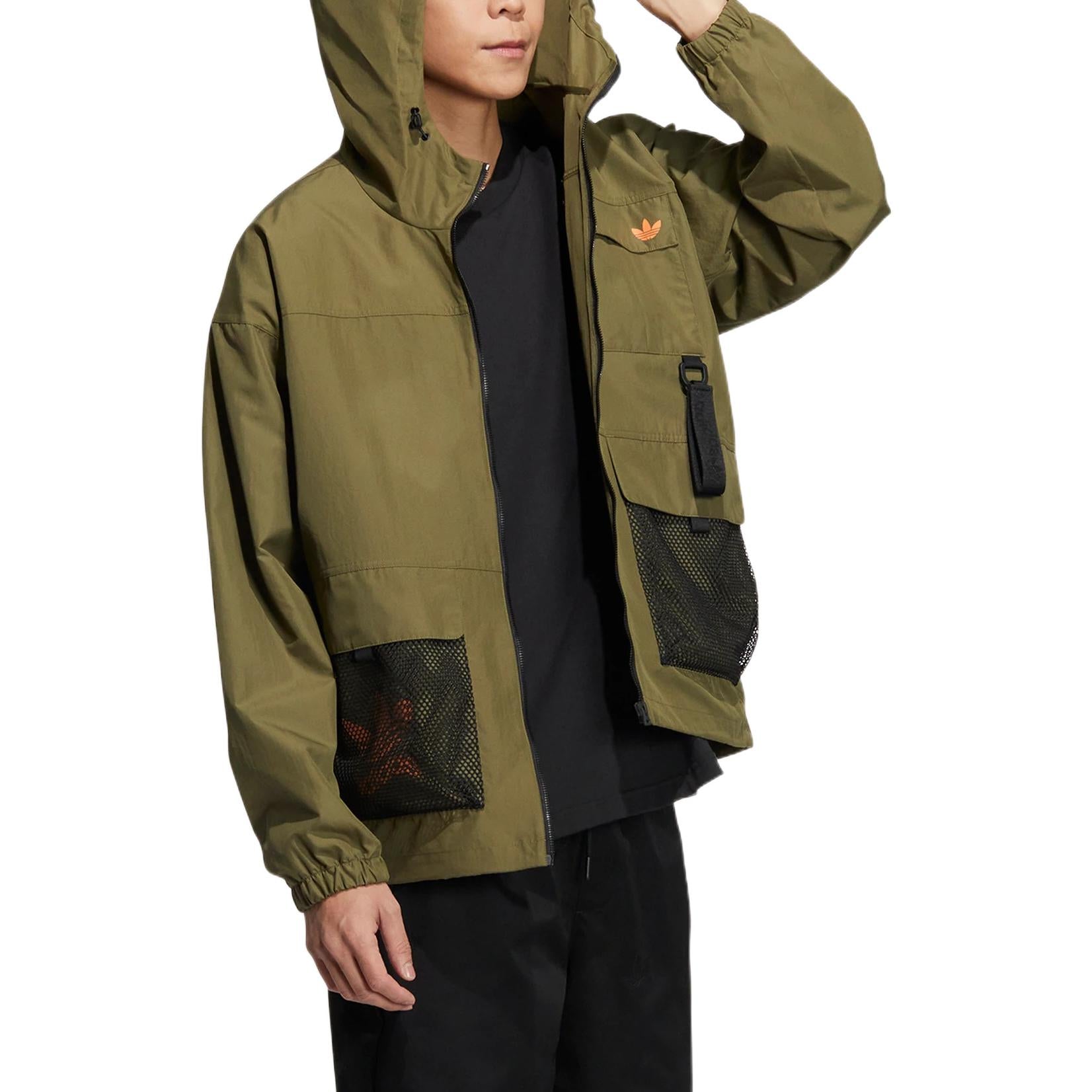Men's adidas original Logo Printing Pattern Zipper Hooded Jacket Military Green HS1909