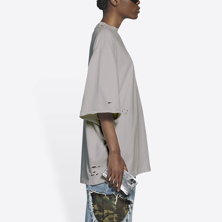 Men's Balenciaga Mosaic Logo BB Alphabet Loose Hole Distress Short Sleeve Gray 651795TKVF58174