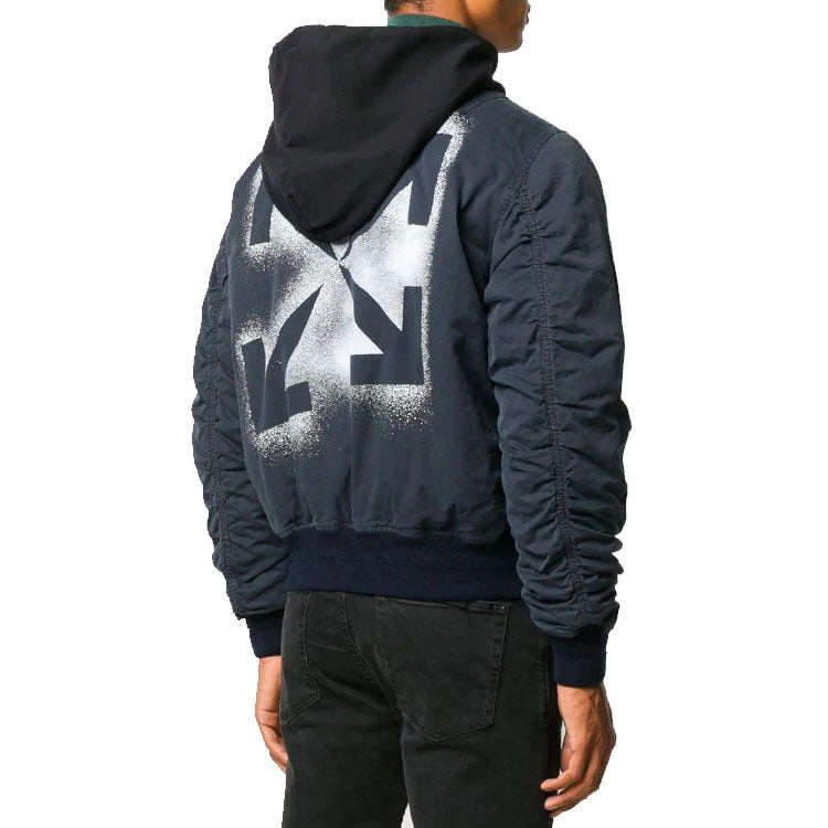 Off-White FW20 Stencil Vintage Applique Hooded Long-sleeve Jacket Men's Navy Blue OMEH017E20FAB0014501