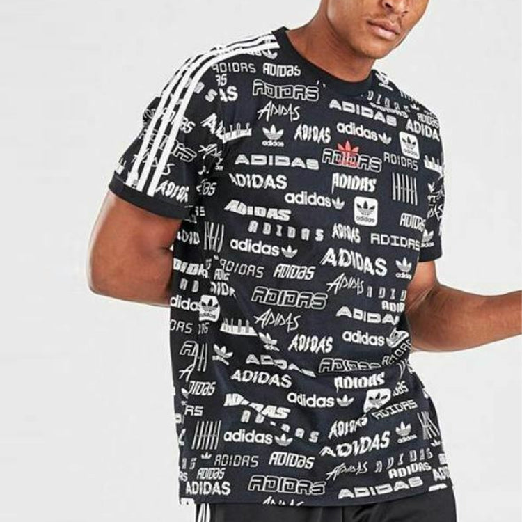 Men's adidas originals Sticl-aopt Logo Full Print Round Neck Pullover Sports Short Sleeve Black T-Shirt GK9708