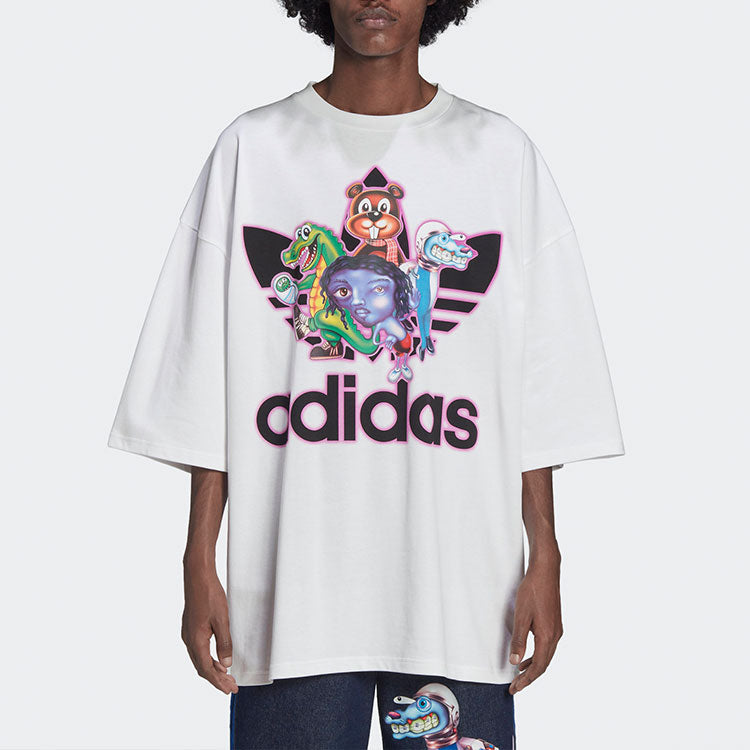 Men's adidas originals x Kerwin Frost Crossover Cartoon Printing Loose Round Neck Short Sleeve White T-Shirt HB2964