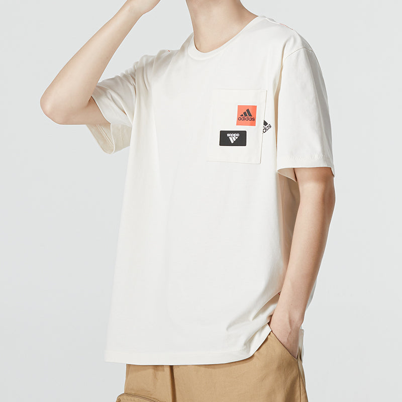 Men's adidas Solid Color Logo Printing Pocket Athleisure Casual Sports Round Neck Short Sleeve White T-Shirt HM2961