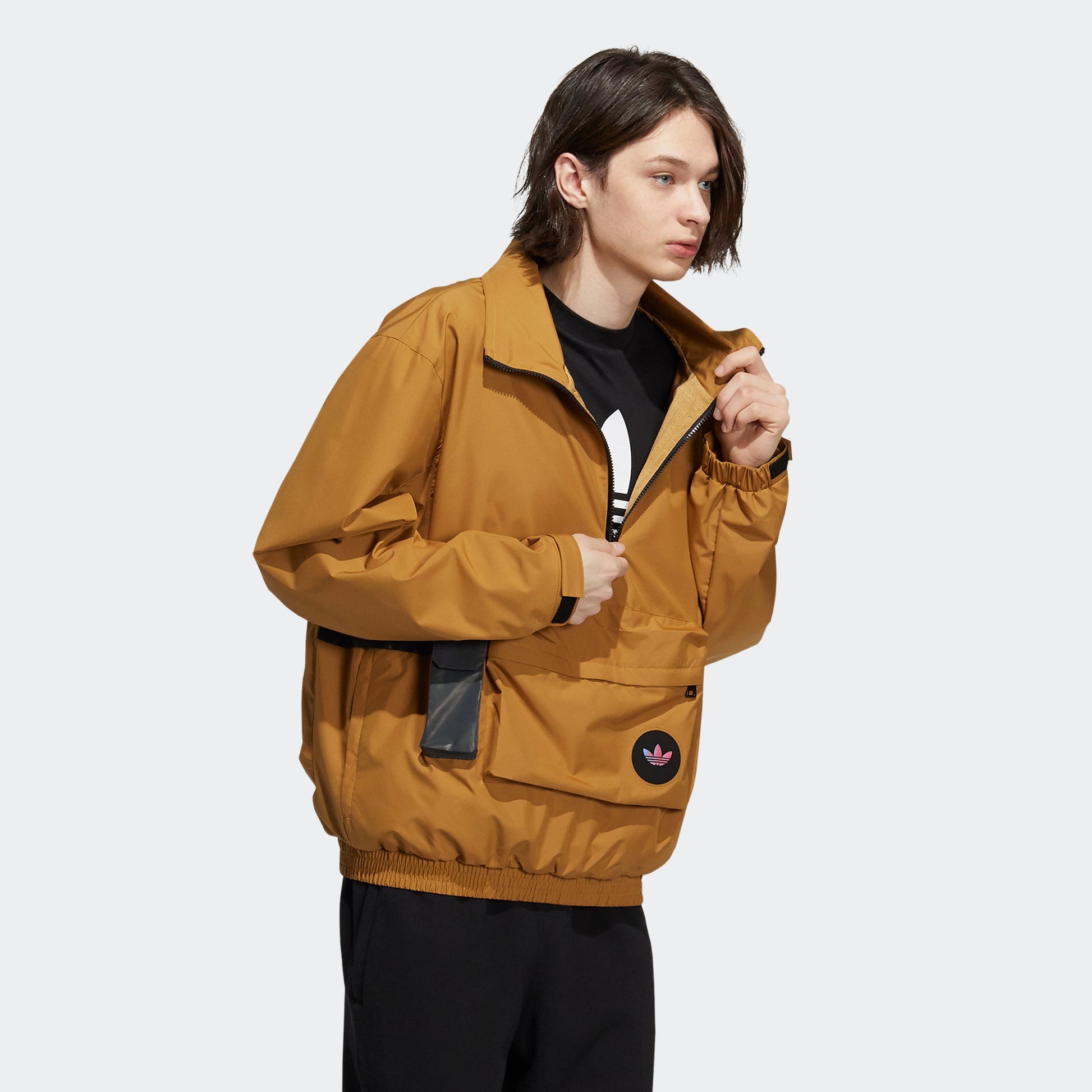 Men's adidas originals 3D Pocket Logo Outdoor Cardigan Woven Stand Collar Jacket Brown H58066