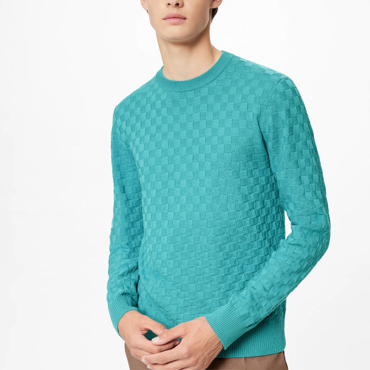 Men's LOUIS VUITTON FW21 Iconic Grid Round Neck Long Sleeves Blue T-Shirt 1A9A0O
