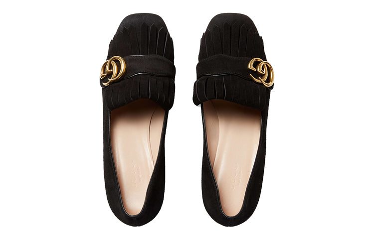 (WMNS) Gucci Marmont Fringed Suede Loafer Mid-Heel 'Black' 408208-C2000-1000