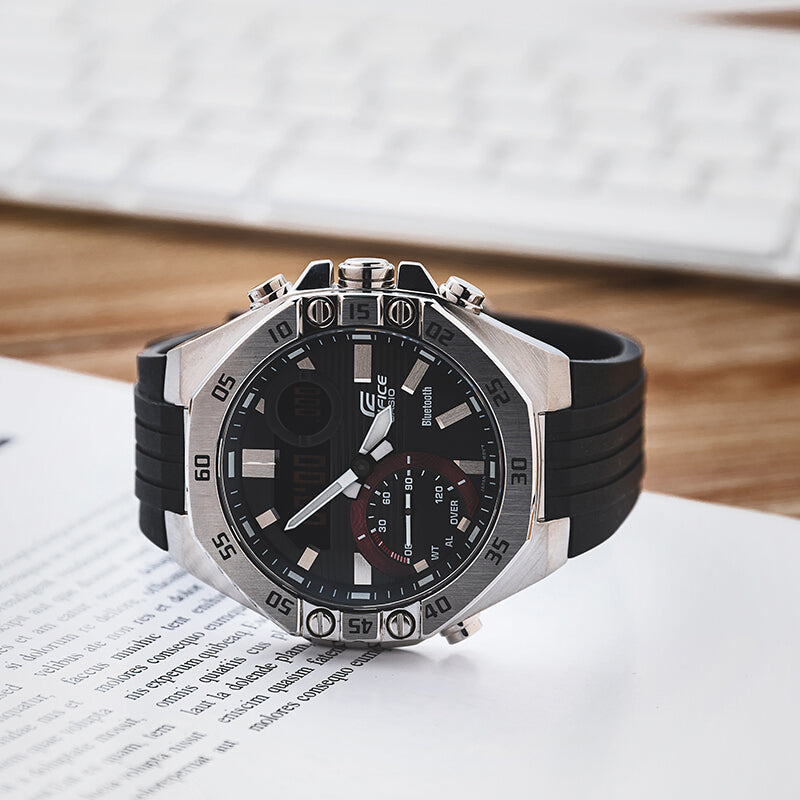 CASIO EDIFICE Waterproof Sports Sapphire Crystal Quartz Solar Powered Mens SilverBlack Analog/Digital Combo ECB-10YP-1A