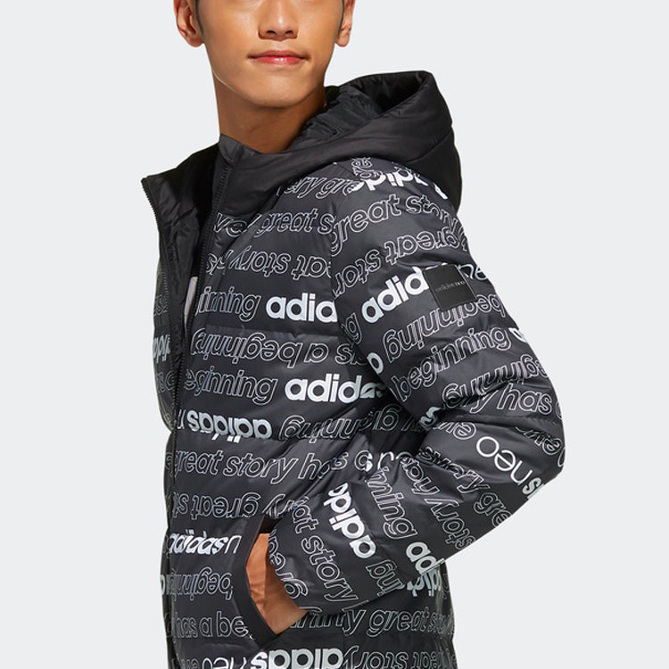 adidas neo Alphabet Full Print hooded down Jacket Black EI4372