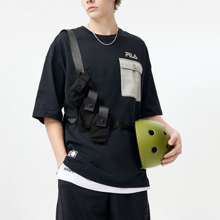 FILA FUSION Contrasting Colors Pocket Round Neck Loose Sports Short Sleeve Couple Style Black T11U126102F-BK