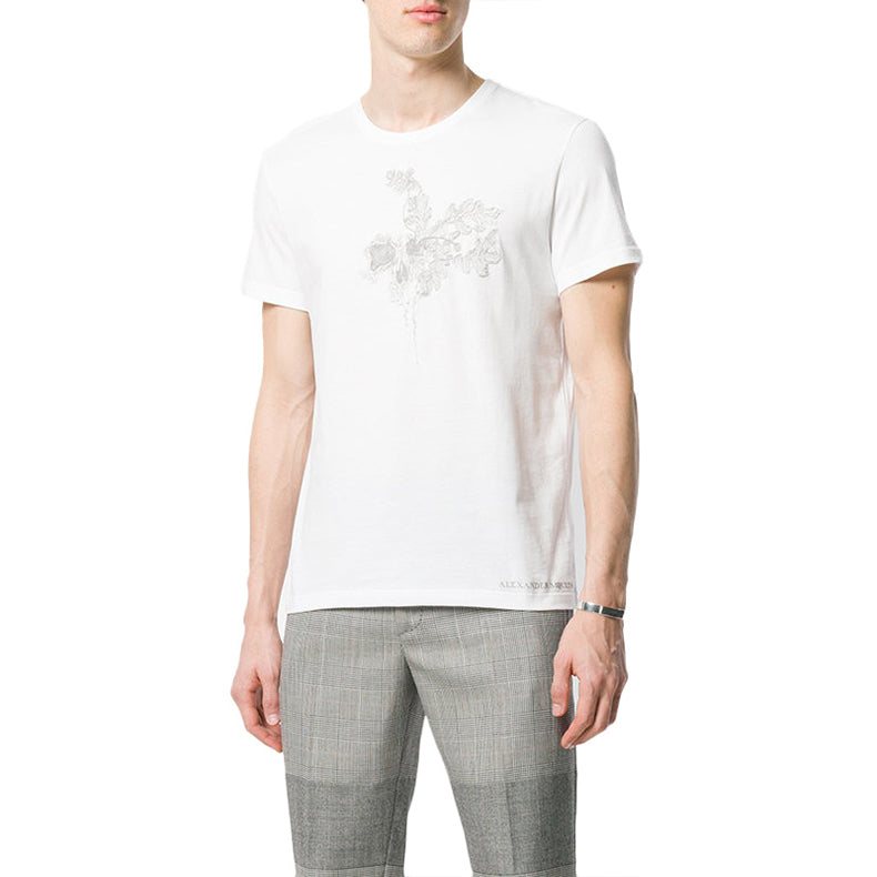 Men's Alexander McQueen Flowers Pattern Round Neck Short Sleeve White 463984-QKZ63-0900