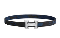 HERMES Comfortable Silver Buckle Nylon Mesh Double-Sided Belt Men's Black/Indigo Width 32mm