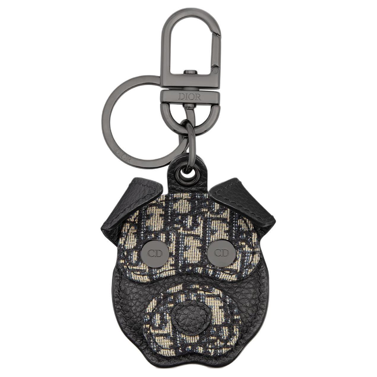 DIOR Cow Leather Cotton Brass Stainless Steel Technical Fabric Keychains Unisex Black