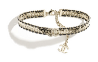 CHANEL Metal Sheepskin Rhinestone Necklaces Women's Black