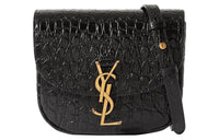 SAINT LAURENT Crocodile Pattern Embossed Leather Saddle Bag, Crossbody Bag, Shoulder Bag Women's Black