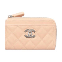 CHANEL Shiny Beaded Embossed Calfskin Card Holder Women's Beige