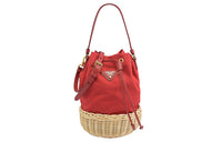 PRADA Canvas Straw Woven Bucket Bag Portable Crossbody Bag Shoulder Bag Regular Women's Red